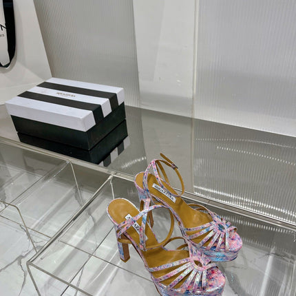 AQUAZZURA 26S HEELED SANDALS 130 MM IN MULTICOLOR SNAKE-EMBOSSED LEATHER