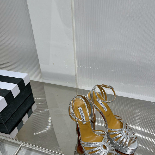 AQUAZZURA 26S HEELED SANDALS 130 MM IN SILVER SNAKE-EMBOSSED LEATHER