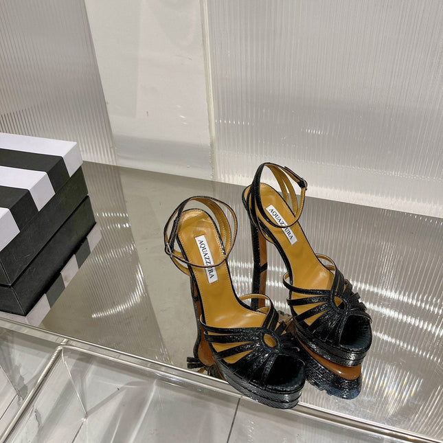 AQUAZZURA 26S HEELED SANDALS 130 MM IN BLACK SNAKE-EMBOSSED LEATHER