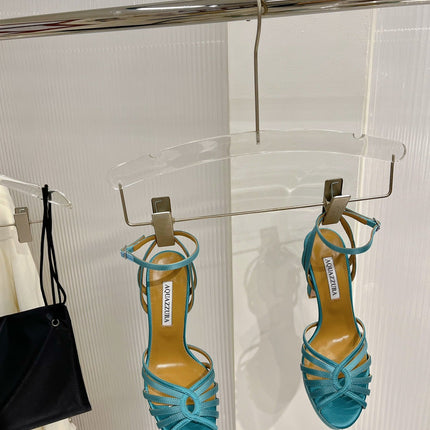 AQUAZZURA 26S HEELED SANDALS 130 MM IN TEAL BLUE SATIN