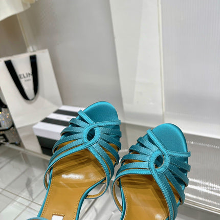 AQUAZZURA 26S HEELED SANDALS 130 MM IN TEAL BLUE SATIN