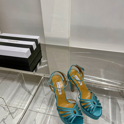 AQUAZZURA 26S HEELED SANDALS 130 MM IN TEAL BLUE SATIN