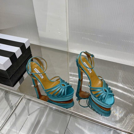 AQUAZZURA 26S HEELED SANDALS 130 MM IN TEAL BLUE SATIN