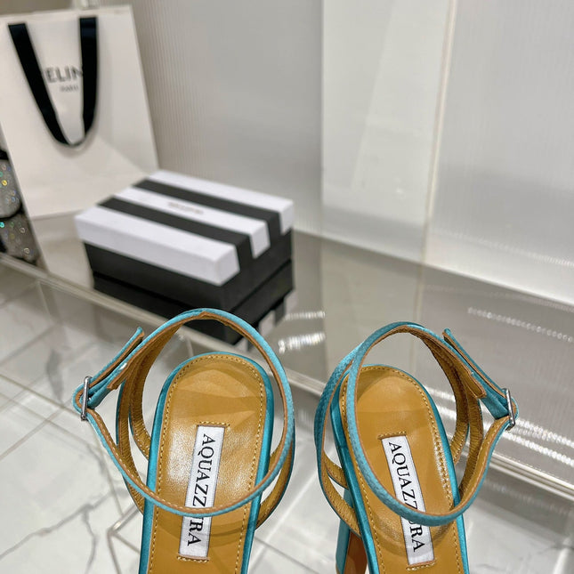 AQUAZZURA 26S HEELED SANDALS 130 MM IN TEAL BLUE SATIN