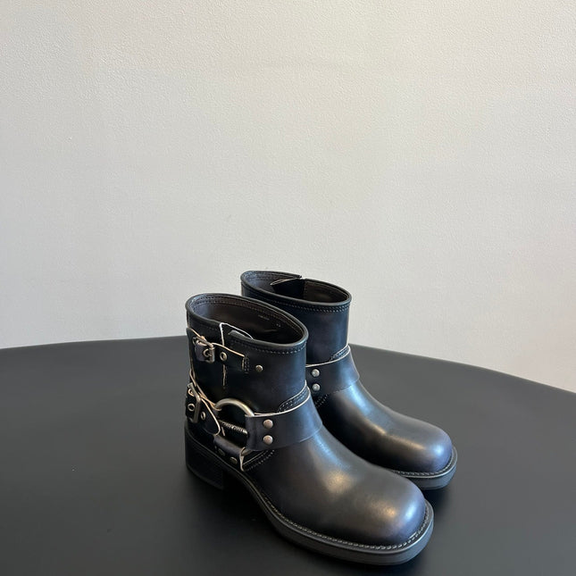 MIUMIU 26S ANKLE BOOTS IN BLACK CALFSKIN SILVER HARDWARE