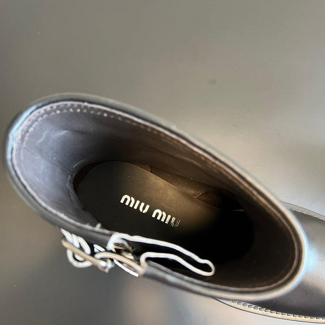 MIUMIU 26S ANKLE BOOTS IN BLACK CALFSKIN SILVER HARDWARE