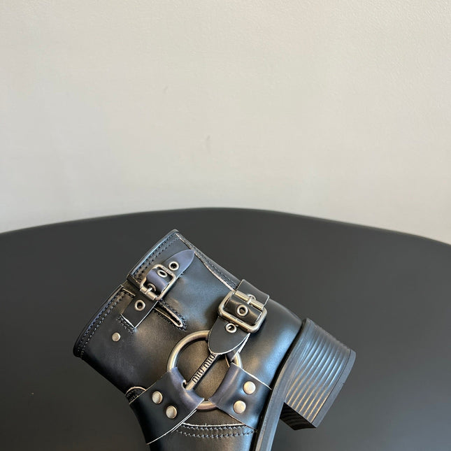 MIUMIU 26S ANKLE BOOTS IN BLACK CALFSKIN SILVER HARDWARE