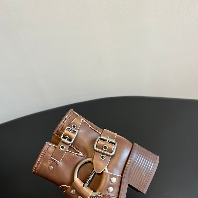 MIUMIU 26S ANKLE BOOTS IN BROWN CALFSKIN SILVER HARDWARE