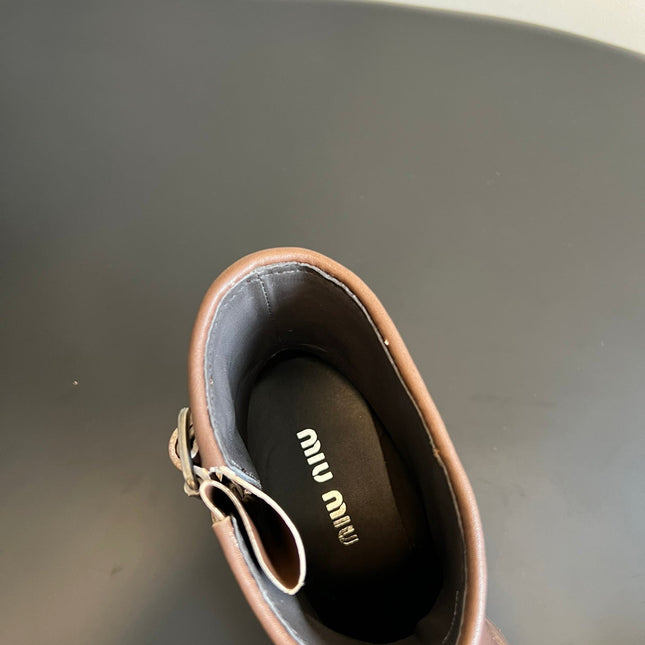 MIUMIU 26S ANKLE BOOTS IN BROWN CALFSKIN SILVER HARDWARE