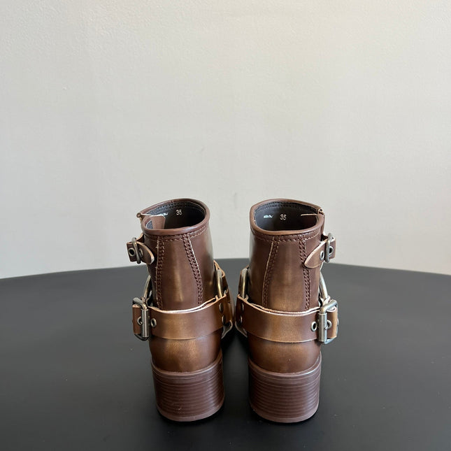 MIUMIU 26S ANKLE BOOTS IN BROWN CALFSKIN SILVER HARDWARE