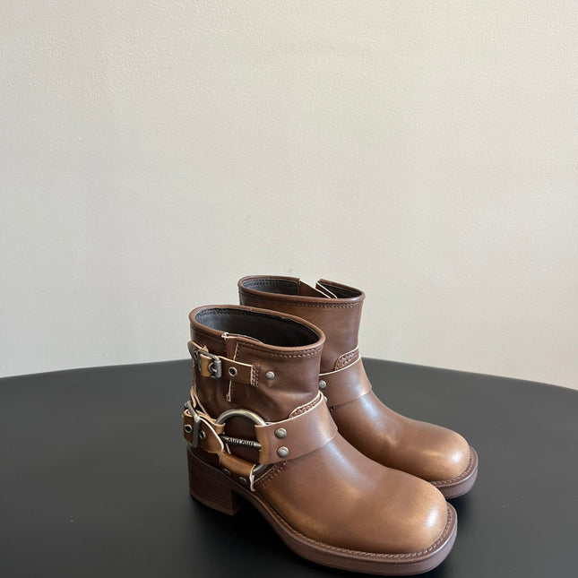 MIUMIU 26S ANKLE BOOTS IN BROWN CALFSKIN SILVER HARDWARE