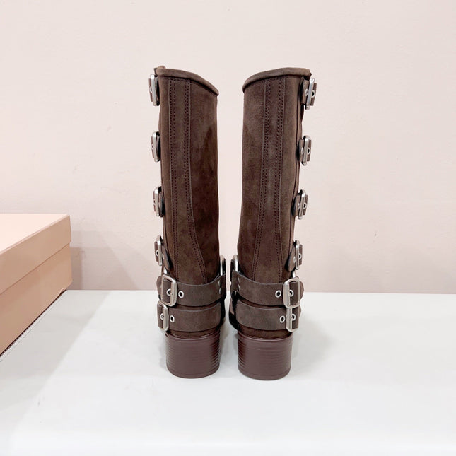 MIUMIU BUCKLED BOOTS IN DARK BROWN SUEDE