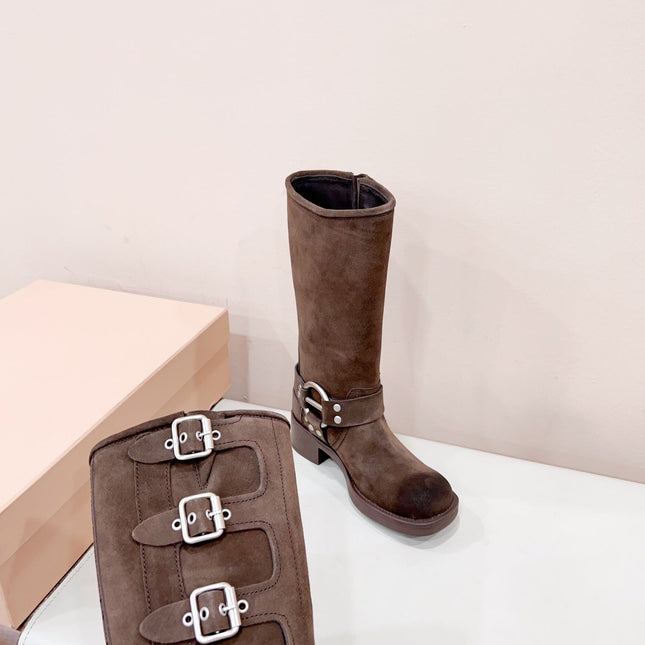 MIUMIU BUCKLED BOOTS IN DARK BROWN SUEDE