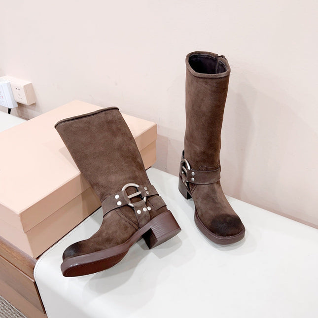 MIUMIU BUCKLED BOOTS IN DARK BROWN SUEDE