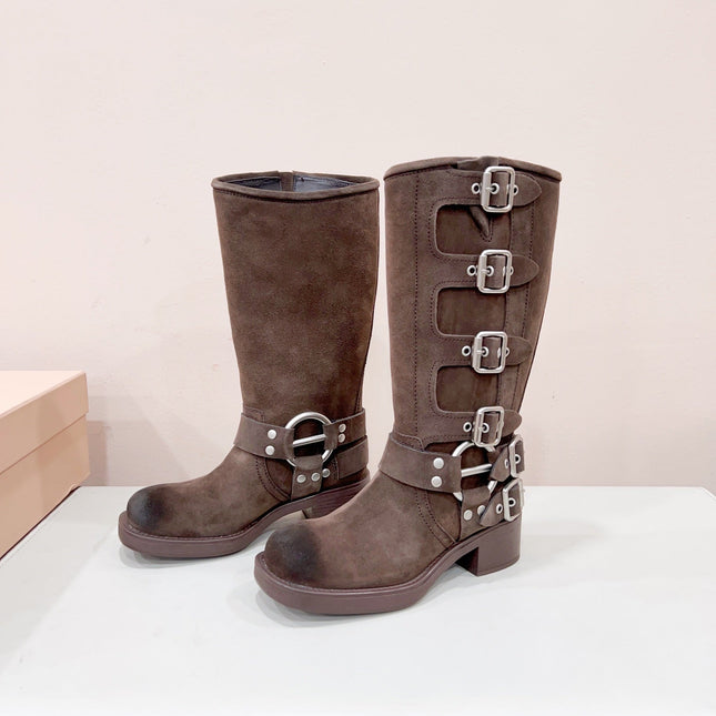 MIUMIU BUCKLED BOOTS IN DARK BROWN SUEDE