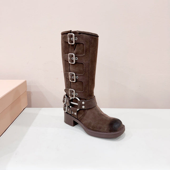 MIUMIU BUCKLED BOOTS IN DARK BROWN SUEDE
