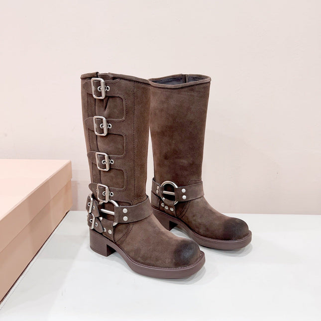 MIUMIU BUCKLED BOOTS IN DARK BROWN SUEDE