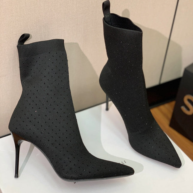 BALMAIN 26S BOOTS 105 MM IN BLACK FLYKNIT STONE EMBELLISHED STYLE 22