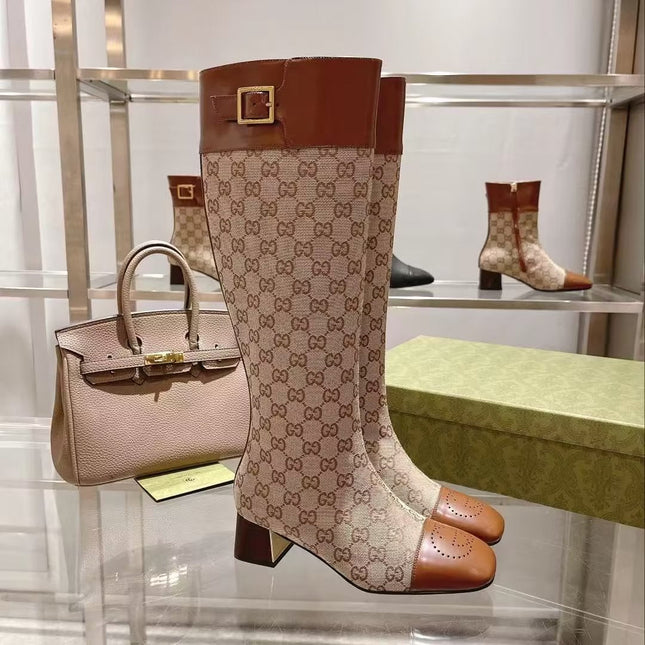 GG KNEE HIGH BOOTS IN BEIGE MIX BROWN CANVAS