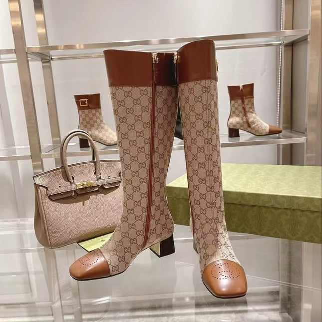 GG KNEE HIGH BOOTS IN BEIGE MIX BROWN CANVAS