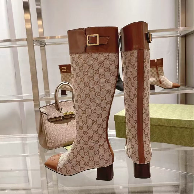 GG KNEE HIGH BOOTS IN BEIGE MIX BROWN CANVAS