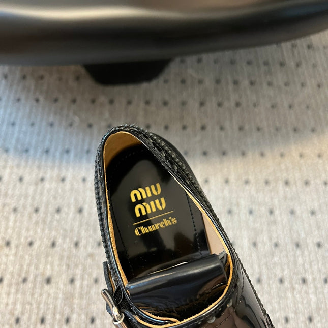 MIUMIU 26S CHURCH BROGUE MONK STRAP SHOES IN BLACK PATENT CALFSKIN