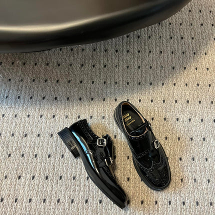 MIUMIU 26S CHURCH BROGUE MONK STRAP SHOES IN BLACK PATENT CALFSKIN