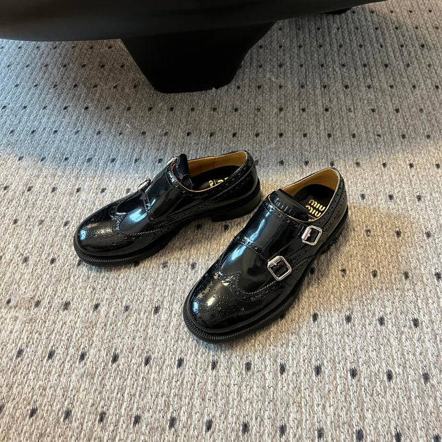 MIUMIU 26S CHURCH BROGUE MONK STRAP SHOES IN BLACK PATENT CALFSKIN