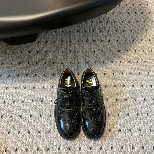 MIUMIU 26S LACE-UP BROGUE LOAFERS IN BLACK PATENT CALFSKIN