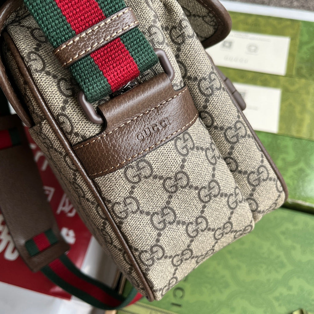 OPHIDIA MEDIUM MESSENGER BAG 27 IN BEIGE AND EBONY GG CALFSKIN GREEN RED WEB STRIPE CANVAS