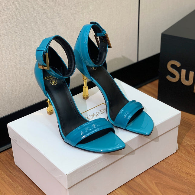 BALMAIN 26S METAL-HEEL SANDALS 105 MM IN CERULEAN BLUE CALFSKIN
