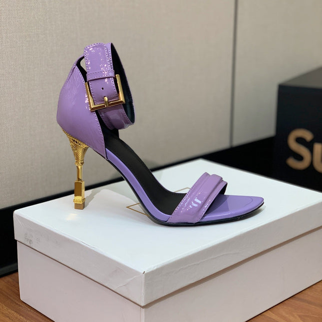 BALMAIN 26S METAL-HEEL SANDALS 105 MM IN PURPLE CALFSKIN