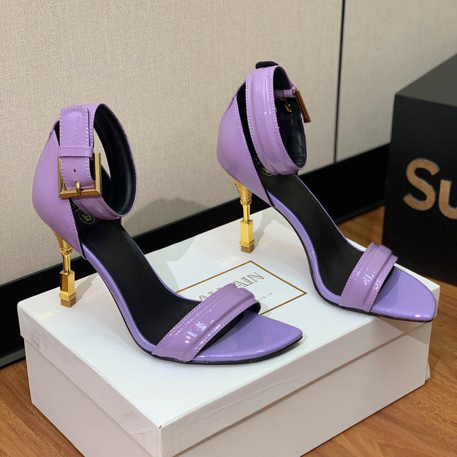 BALMAIN 26S METAL-HEEL SANDALS 105 MM IN PURPLE CALFSKIN
