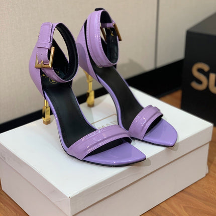 BALMAIN 26S METAL-HEEL SANDALS 105 MM IN PURPLE CALFSKIN