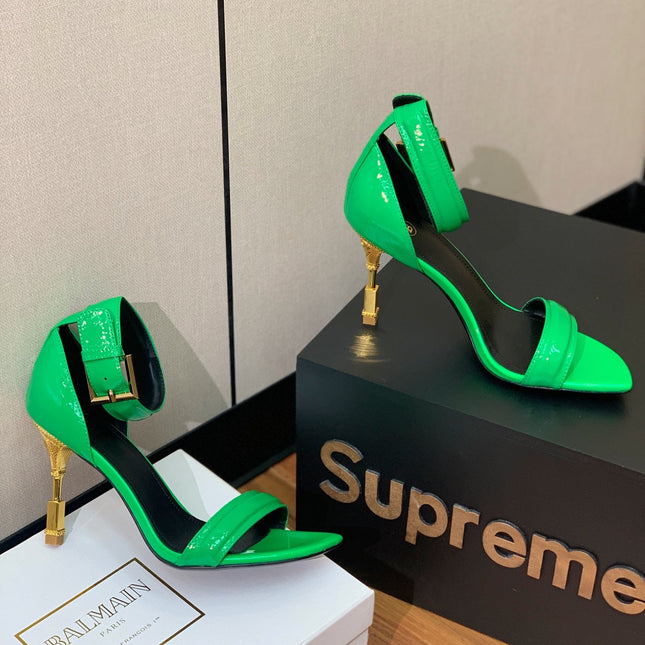 BALMAIN 26S METAL-HEEL SANDALS 105 MM IN GREEN CALFSKIN