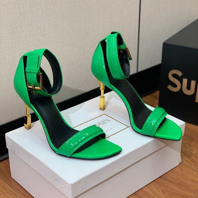 BALMAIN 26S METAL-HEEL SANDALS 105 MM IN GREEN CALFSKIN