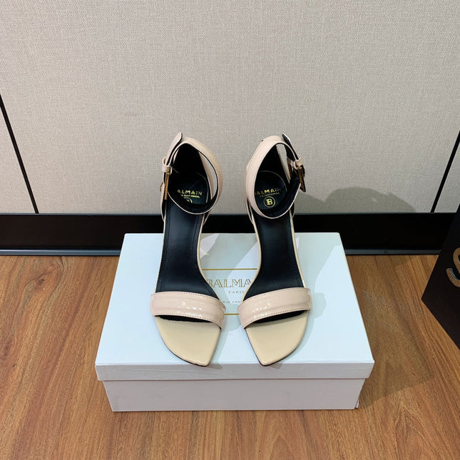 BALMAIN 26S METAL-HEEL SANDALS 105 MM IN BEIGE CALFSKIN