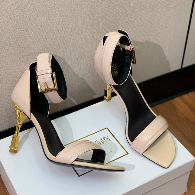 BALMAIN 26S METAL-HEEL SANDALS 105 MM IN BEIGE CALFSKIN