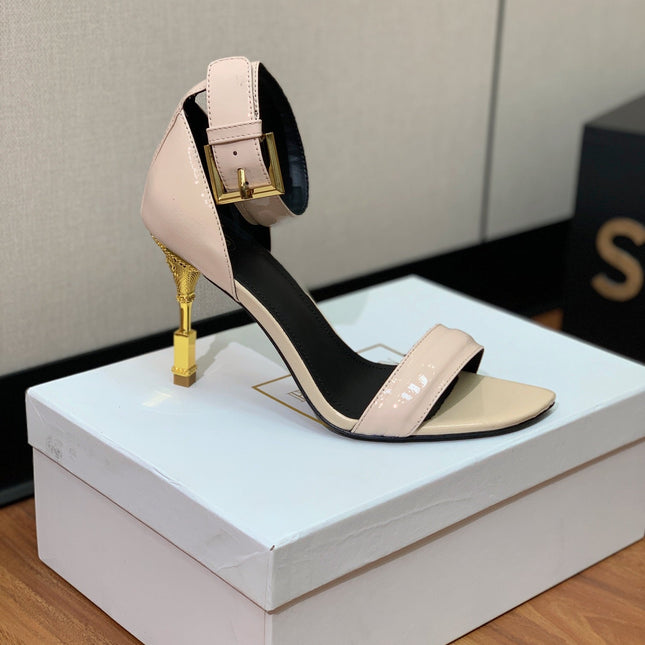 BALMAIN 26S METAL-HEEL SANDALS 105 MM IN BEIGE CALFSKIN
