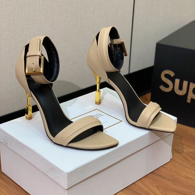 BALMAIN 26S METAL-HEEL SANDALS 105 MM IN DARK BEIGE CALFSKIN