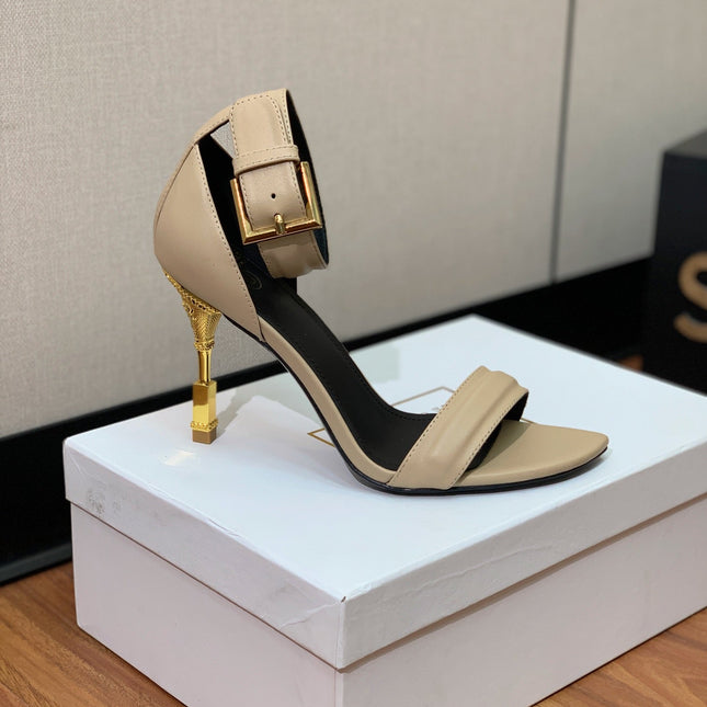 BALMAIN 26S METAL-HEEL SANDALS 105 MM IN DARK BEIGE CALFSKIN