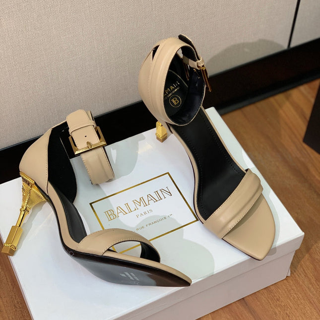 BALMAIN 26S METAL-HEEL SANDALS 105 MM IN DARK BEIGE CALFSKIN