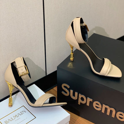 BALMAIN 26S METAL-HEEL SANDALS 105 MM IN DARK BEIGE CALFSKIN