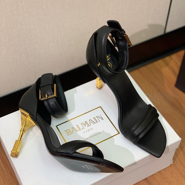 BALMAIN 26S METAL-HEEL SANDALS 105 MM IN BLACK CALFSKIN