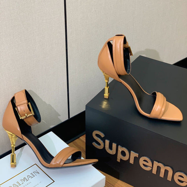 BALMAIN 26S METAL-HEEL SANDALS 105 MM IN BROWN CALFSKIN