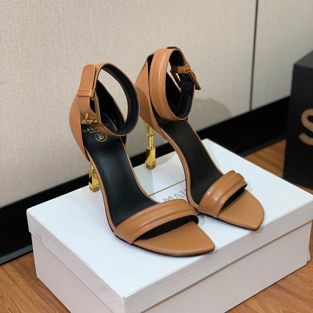 BALMAIN 26S METAL-HEEL SANDALS 105 MM IN BROWN CALFSKIN