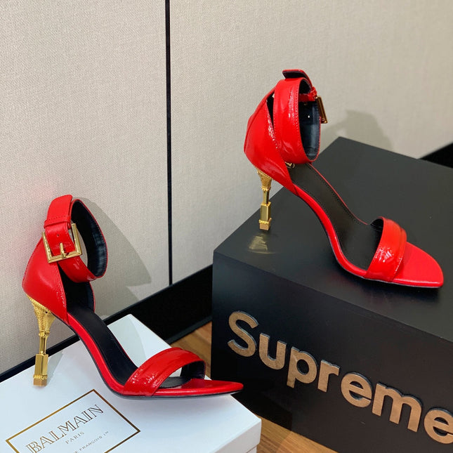 BALMAIN 26S METAL-HEEL SANDALS 105 MM IN RED CALFSKIN