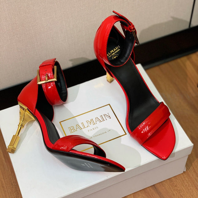 BALMAIN 26S METAL-HEEL SANDALS 105 MM IN RED CALFSKIN