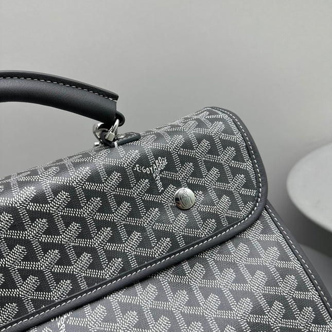 LEGER BACKPACK 37 IN GRAY GOYARDINE CANVAS WITH CALFSKIN TRIM