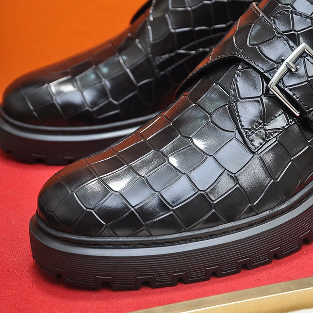 HM MONK STRAP BLACK WITH CROCODILE MOTIF CALFSKIN